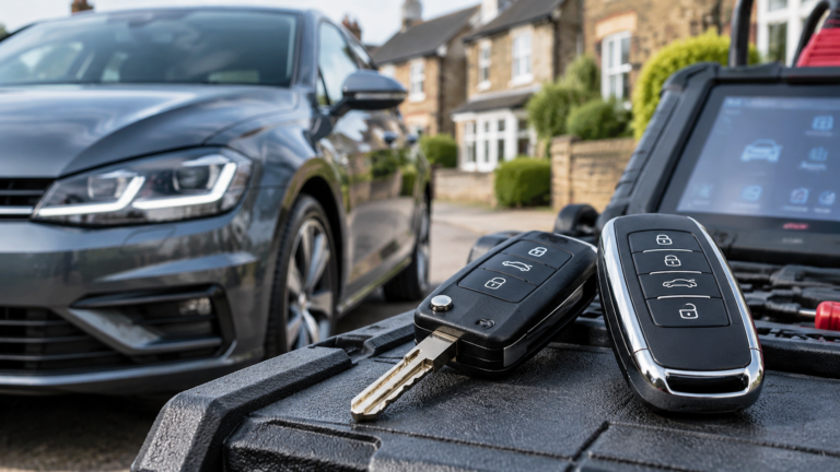 Modern car key fob and transponder key representing automotive locksmith services and vehicle key replacement technology.